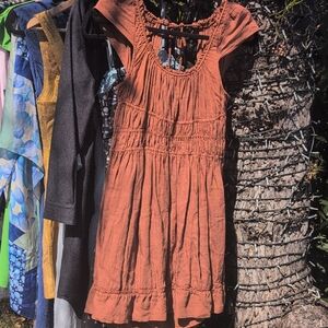 Anthropologie Rust Orange Smocked Short Sleeve Dress
